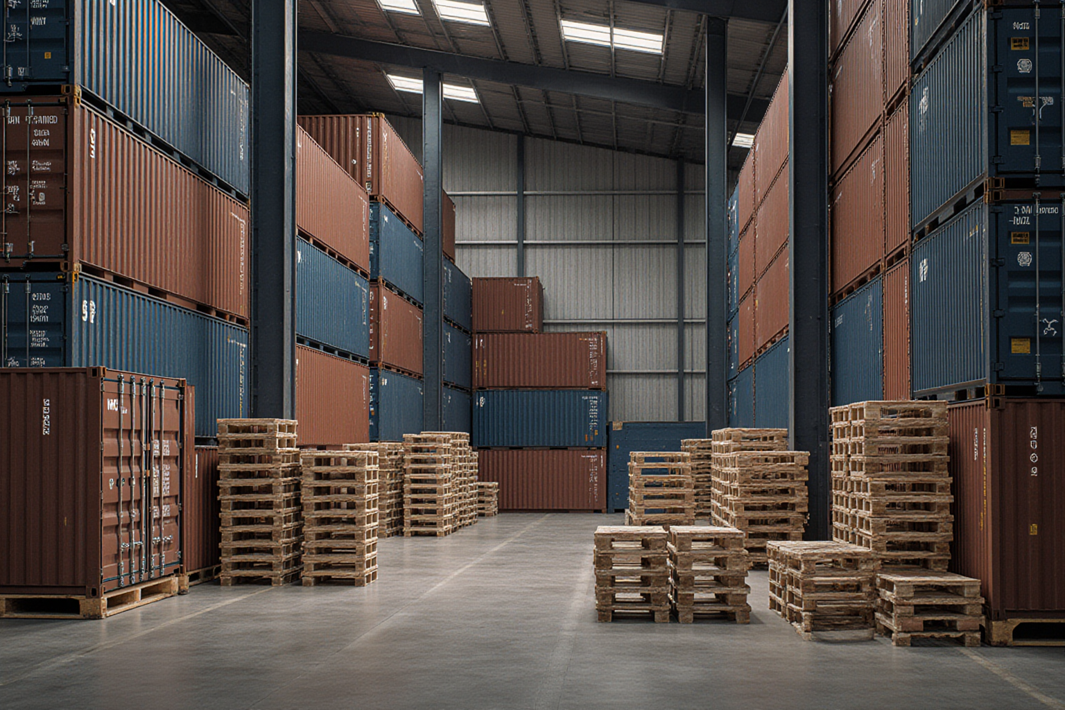 A large empty warehouse features numerous wooden pallets stacked throughout the space reflecting light on the polished floor