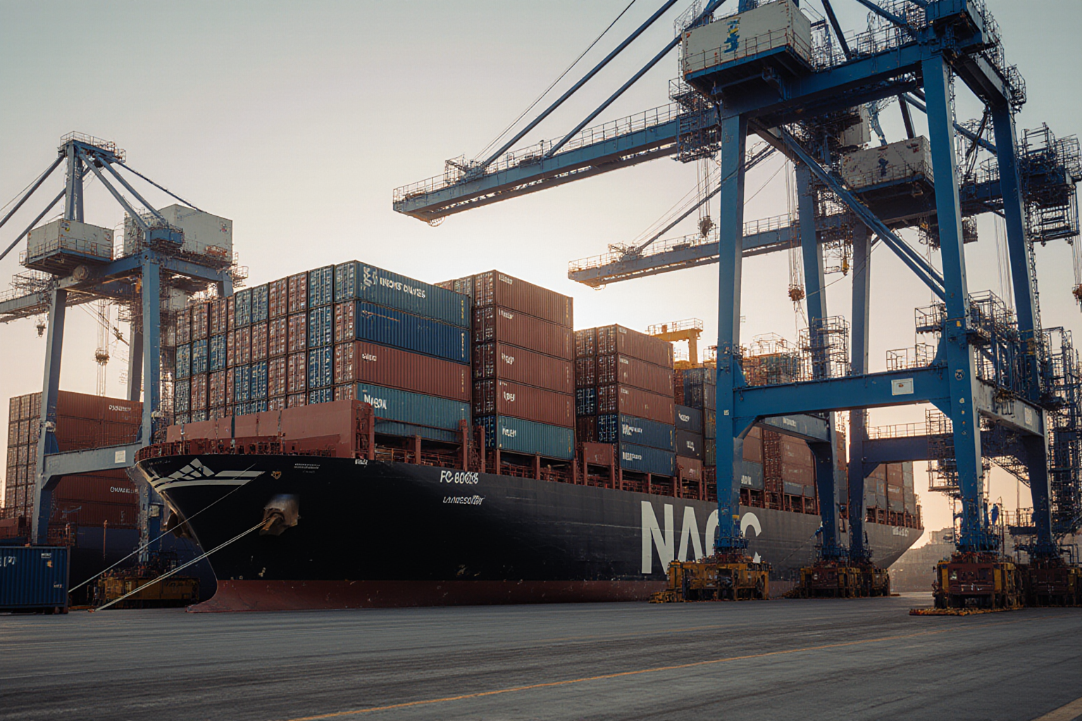 A large black container ship sits in a harbor with towering cranes loading cargo containers a busy port scene