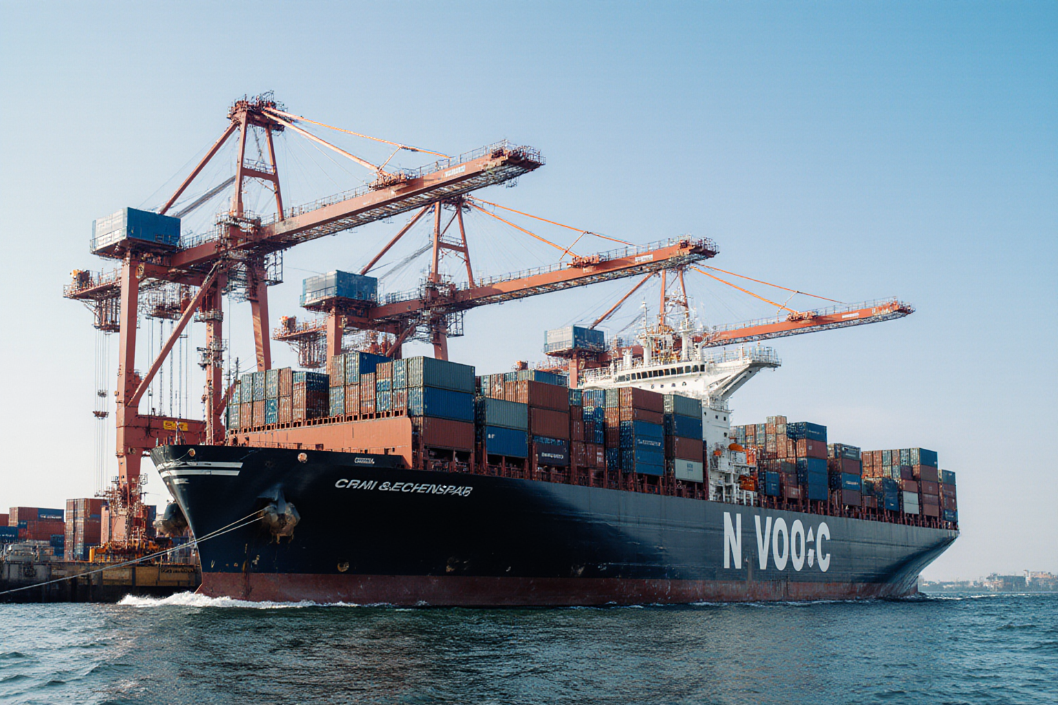 A large container ship navigates the ocean water near a set of towering red cranes