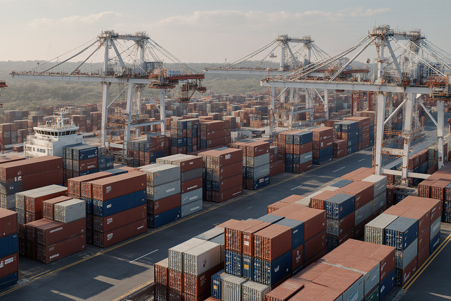 Rows of shipping containers fill a gray concrete expanse with towering cranes operating in the background signifying a busy