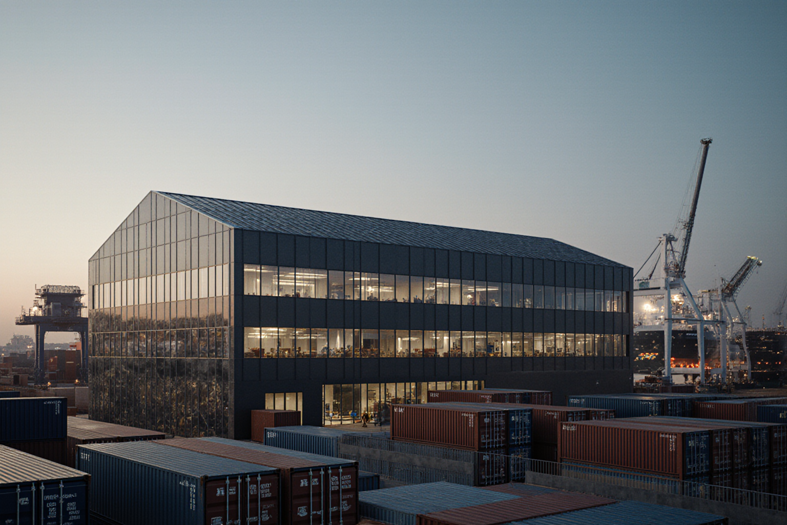 A modern dark building overlooks a busy port with a towering crane and stacked shipping containers in the background