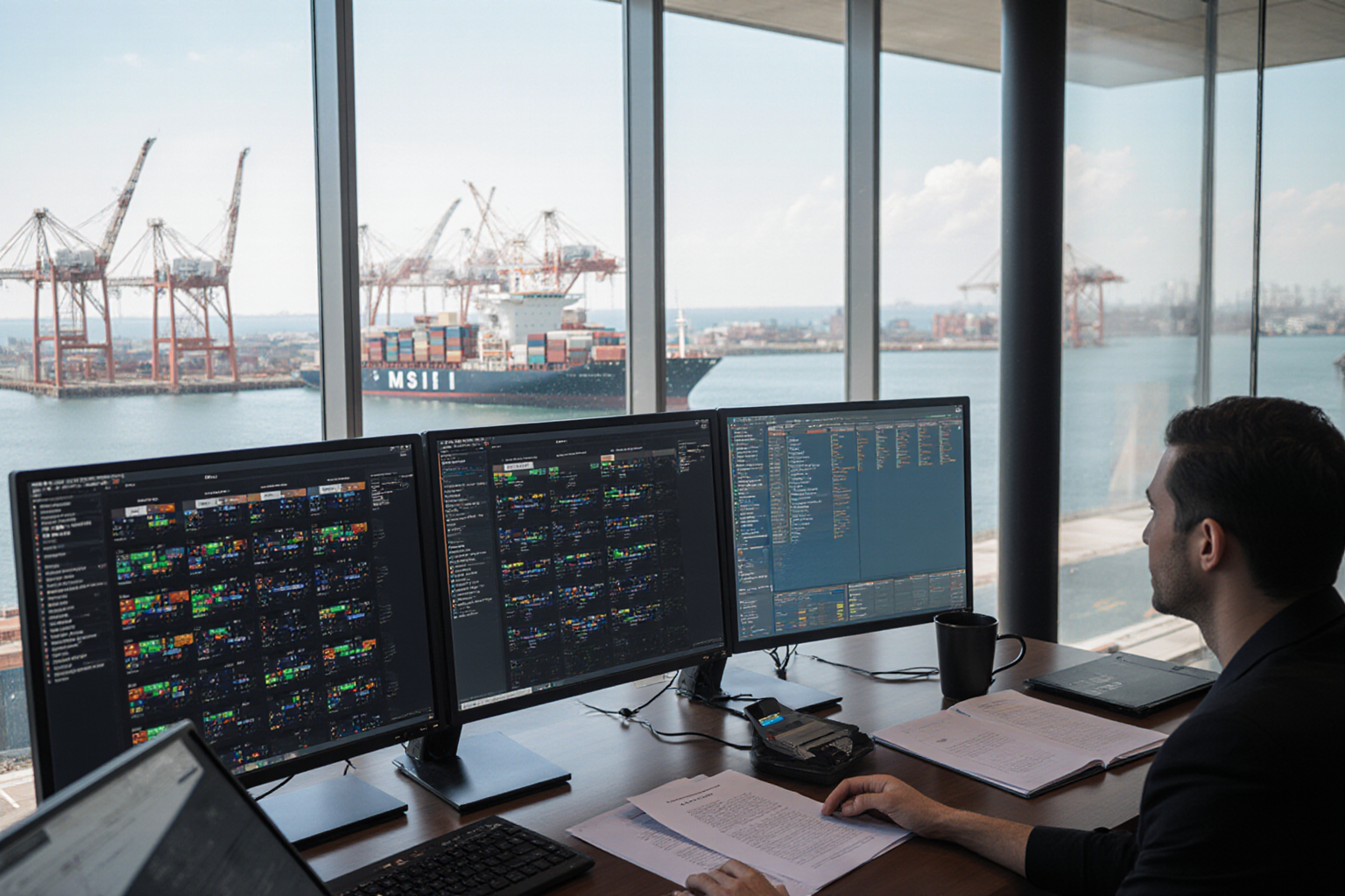 A man sits at a desk reviewing documents with three computer monitors before a blurred port scene with container ships