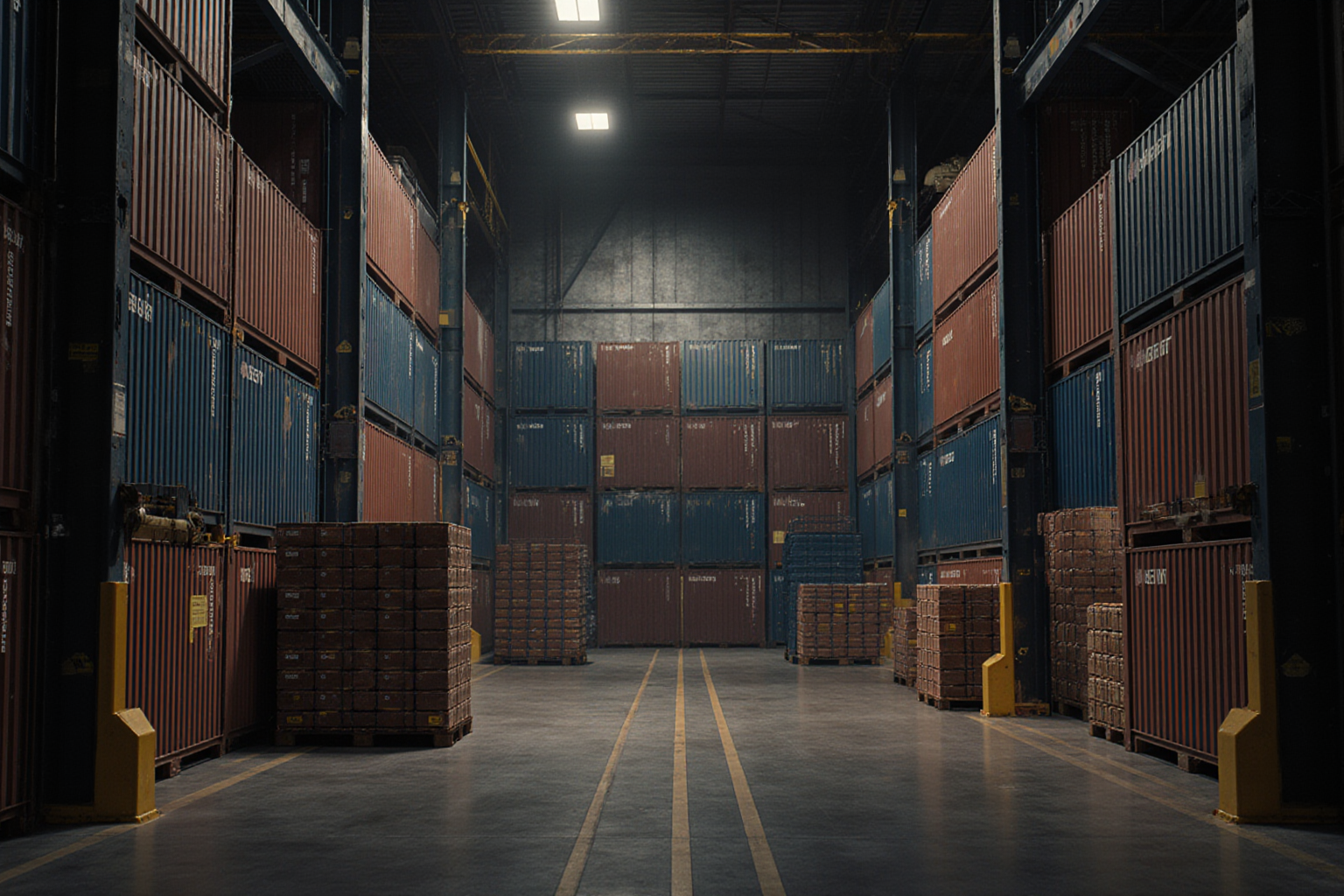 Stacks of gray shipping containers fill a dark warehouse floor with painted yellow stripes running down the center
