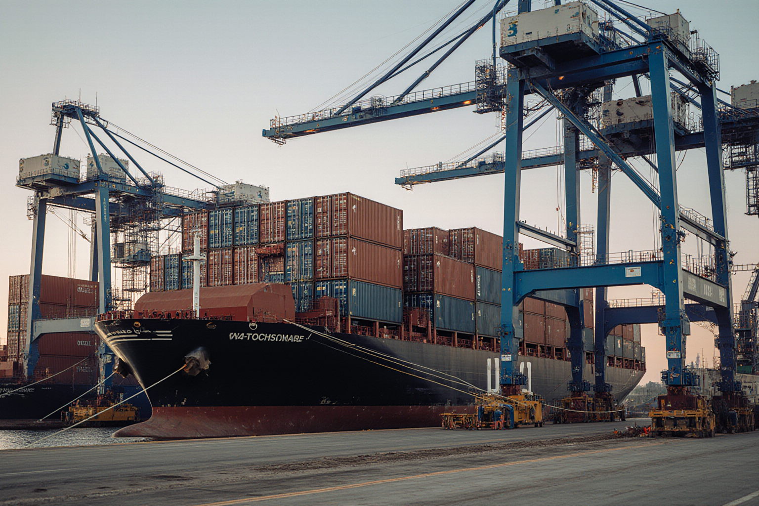 A massive dark container ship sits docked at a busy port with towering cranes unloading cargo