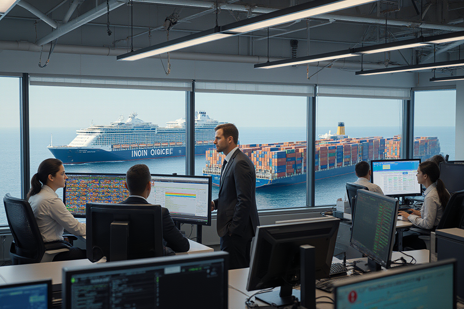 A businessman sits at a computer in a modern office overlooking a harbor A man in a suit intently monitors data displays
