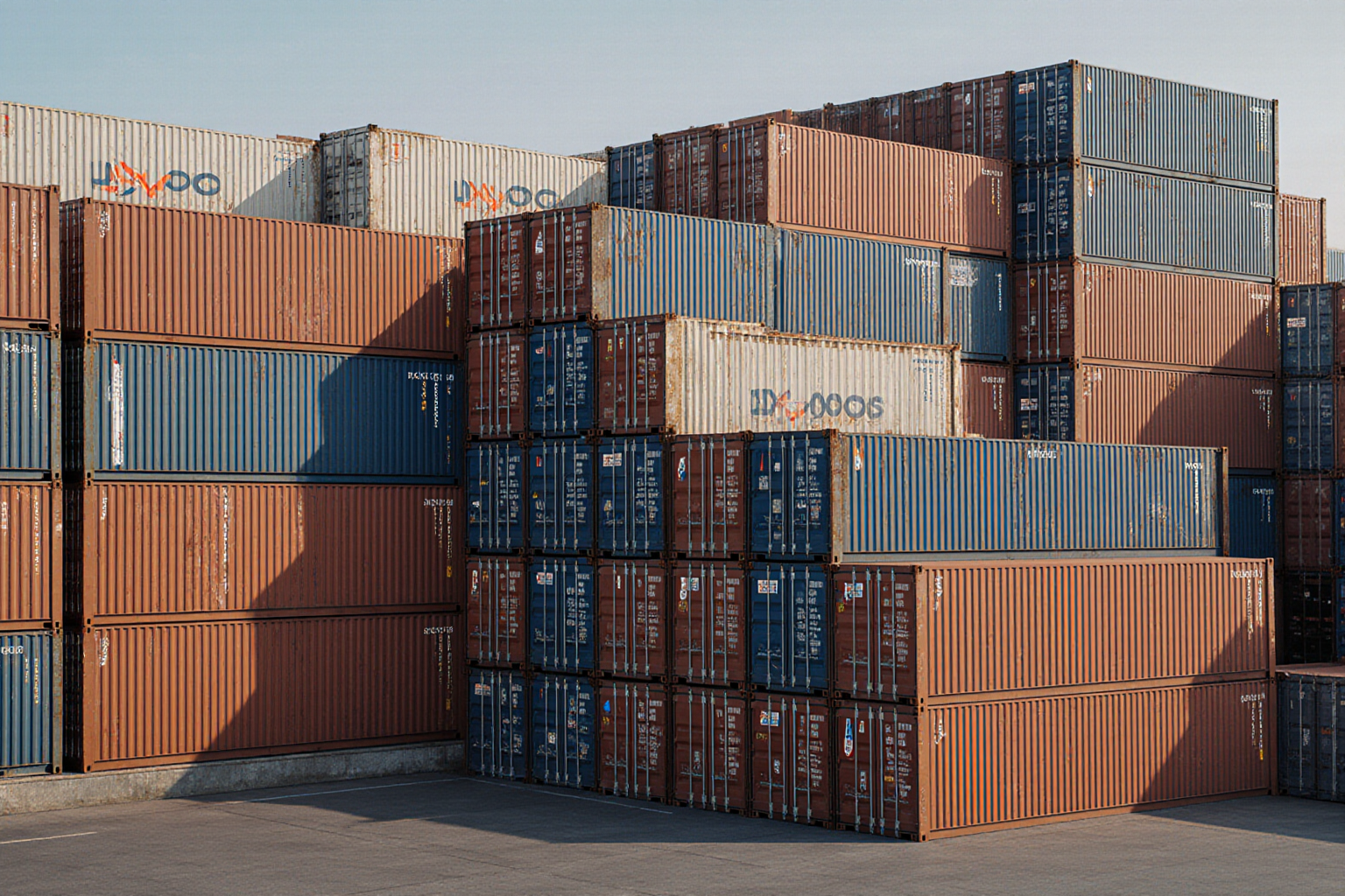 Stacked orange shipping containers fill the frame creating a dense layer of cargo A grey concrete surface is visible below