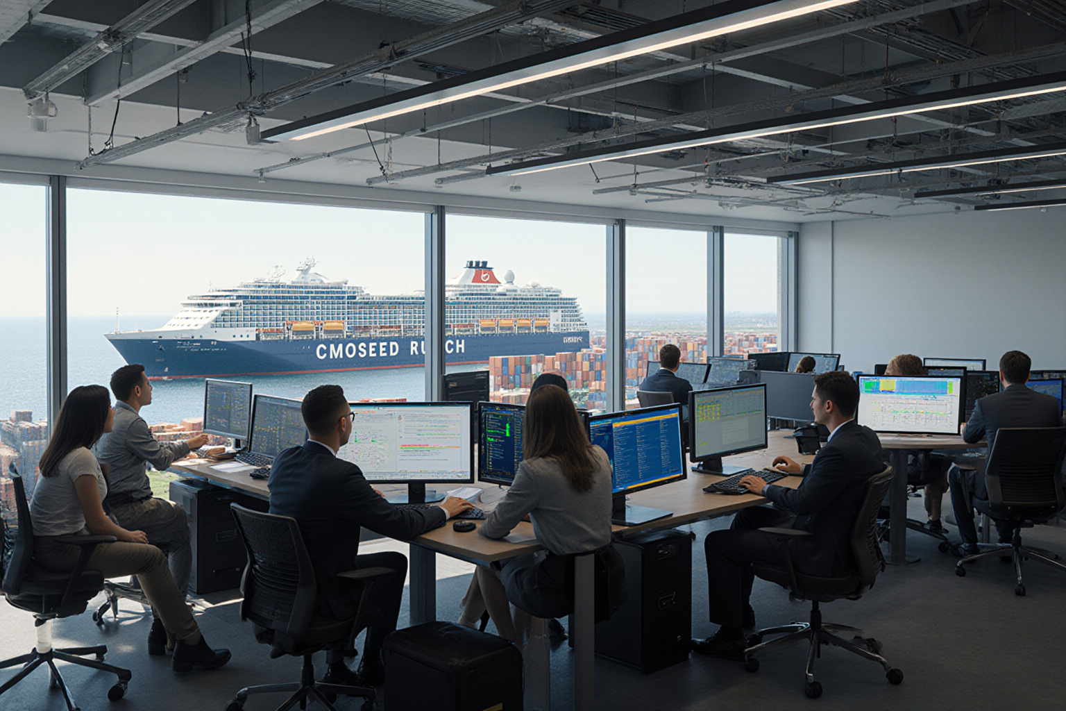 A large container ship dominates the view outside a modern office with several people working at computer terminals