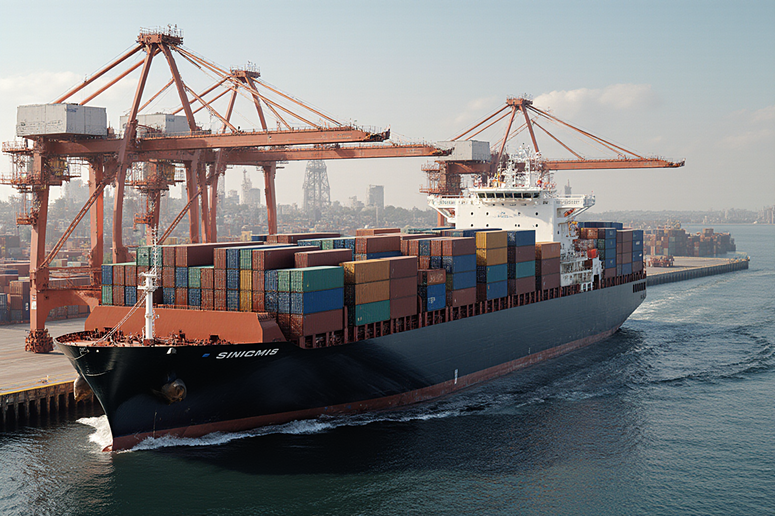 A large black container ship navigates a harbor with towering cranes against a blurred cityscape skyline