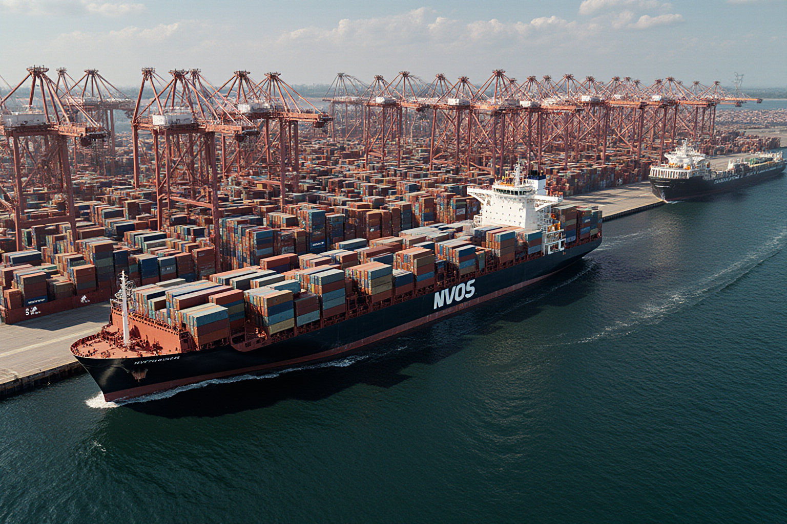 A large cargo ship navigates a busy harbor with towering cranes in the background near the water