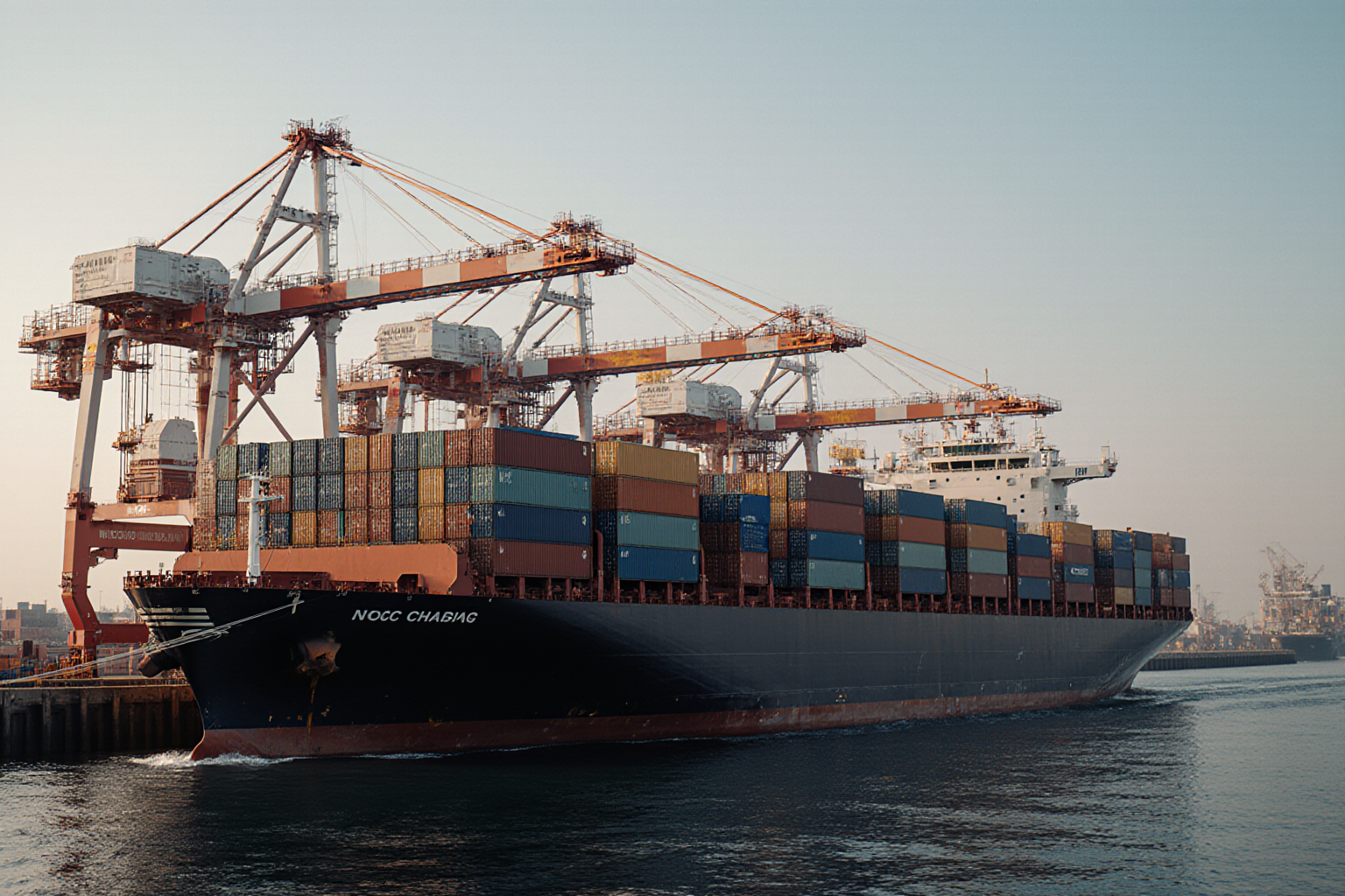 A large container ship named NOCC HABIC approaches a dock with towering cranes amidst a harbor setting