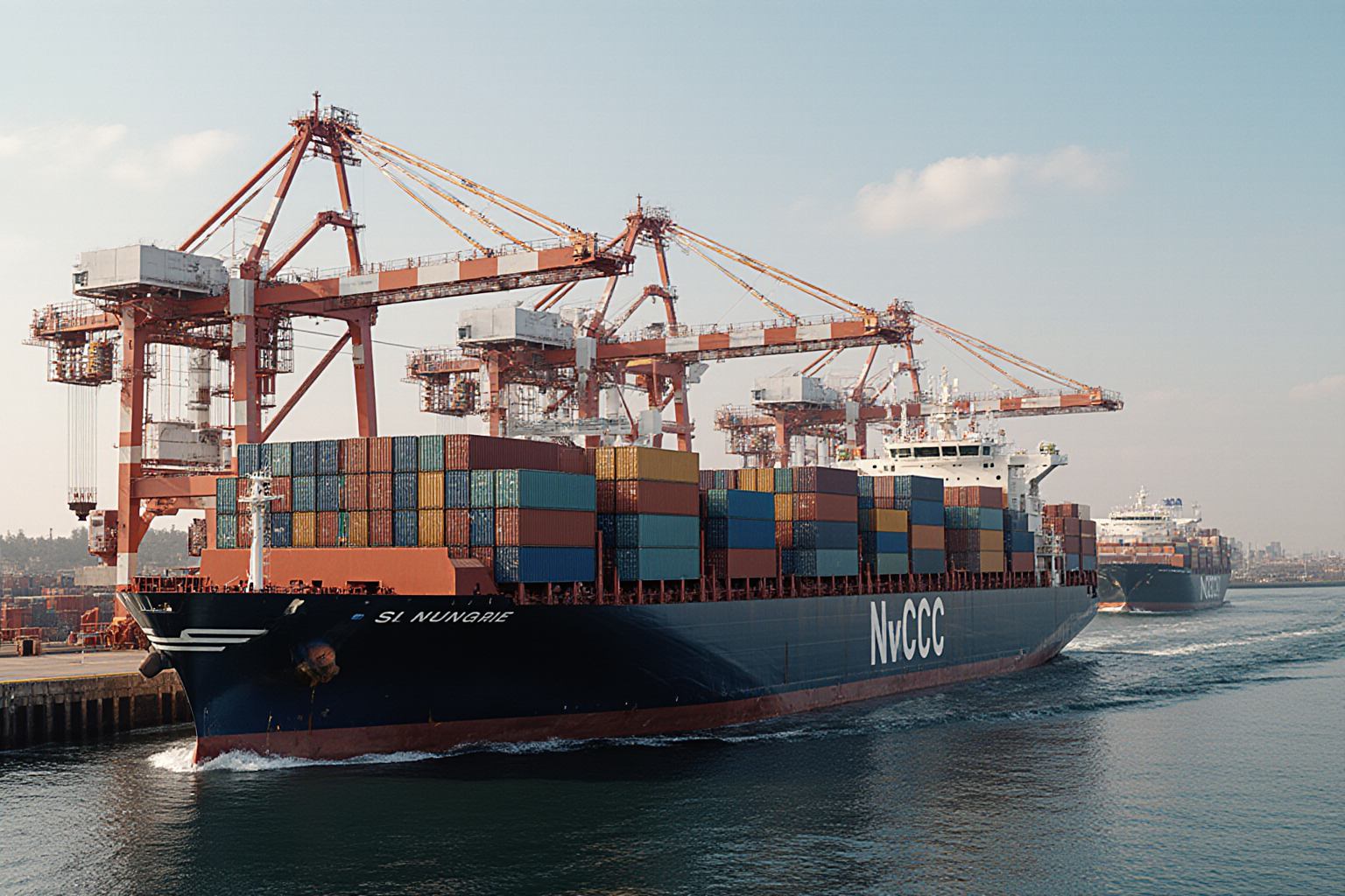 A large container ship named C Nargie navigates a harbor with towering cranes prominently displayed