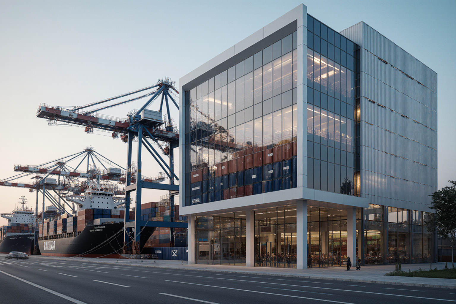 A large container ship sits in the harbor with a modern white building in the background
