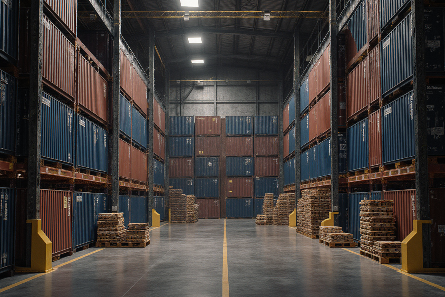 Stacked yellow and blue shipping containers fill a vast warehouse interior with visible markings and pallets