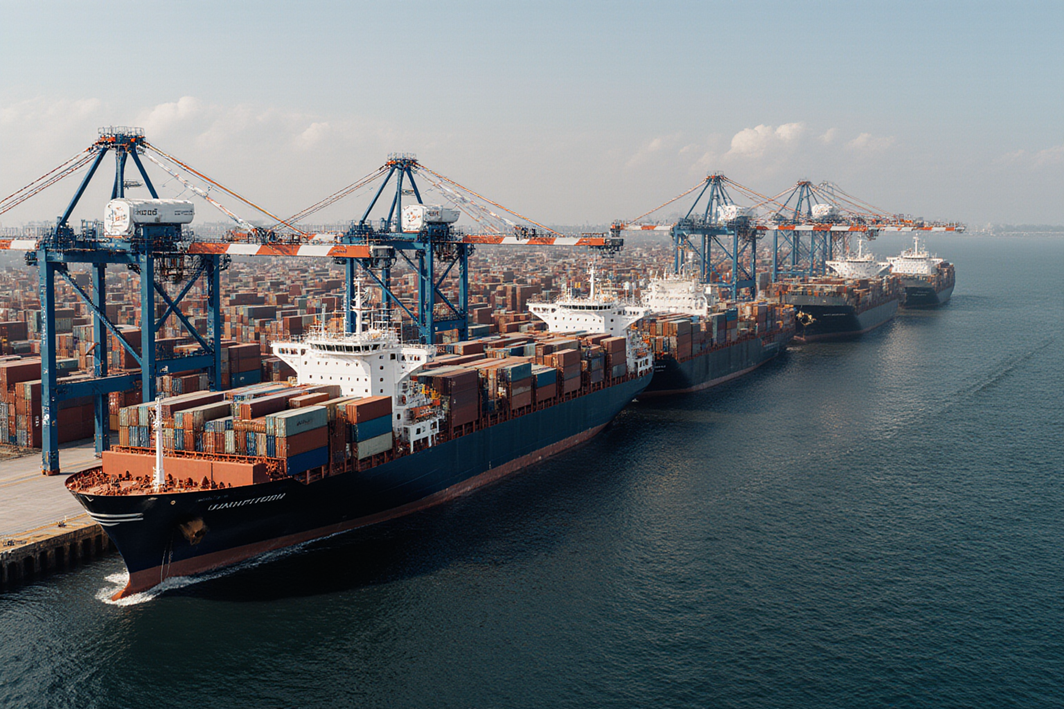 A large freighter navigates the open ocean with a prominent mast and detailed ship structure visible against the sea