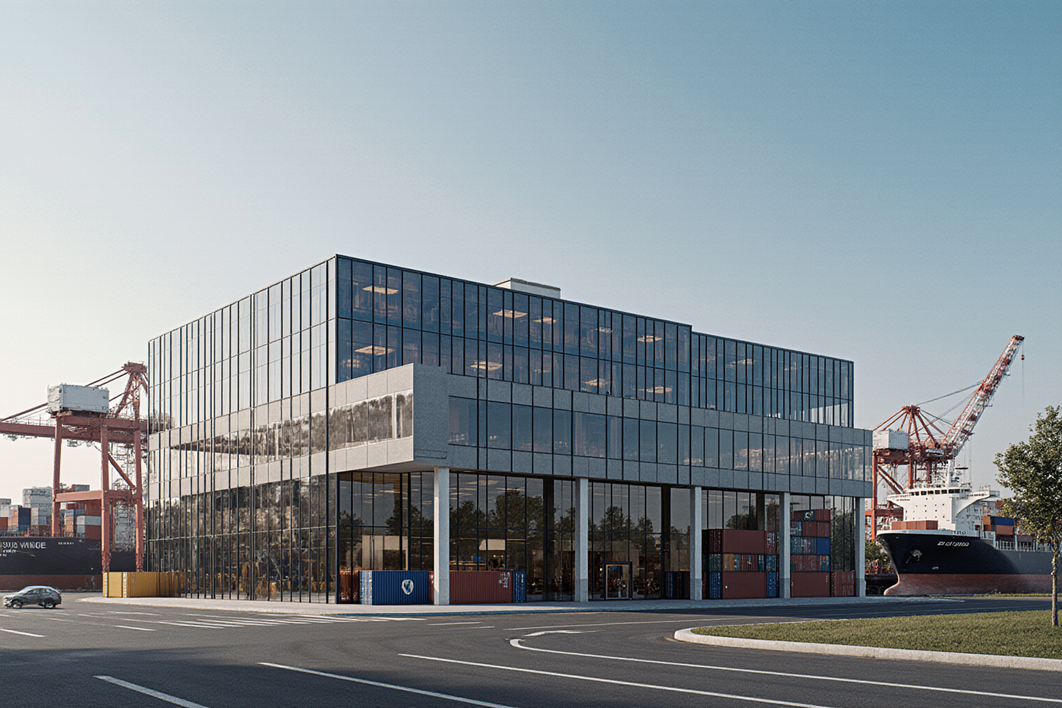A modern warehouse building with a large crane stands against a gray sky a prominent detail of global freight services