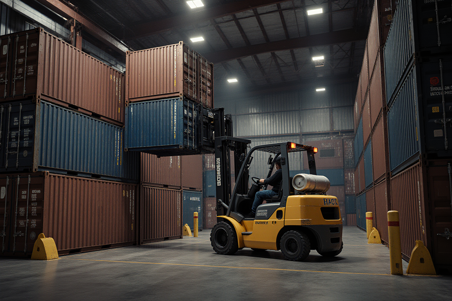 A yellow forklift operates in a warehouse filled with numerous shipping containers