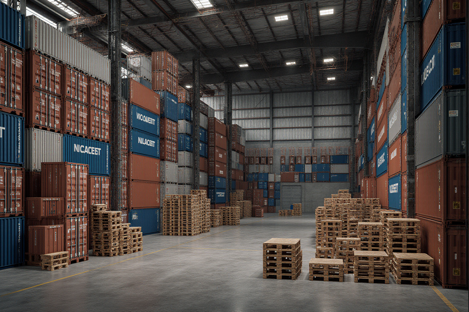 Stacked wooden pallets fill a large industrial warehouse with numerous shipping containers visible in the background