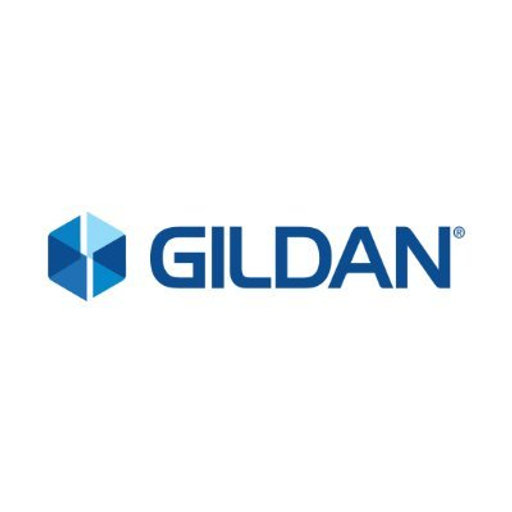 Gildan logo featuring a blue and gray yarn ball with the company name Gildan in white below it