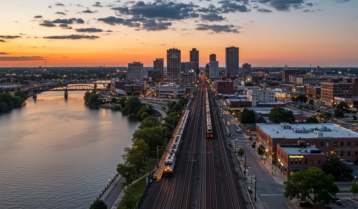 A freight train travels along a busy elevated track overlooking the Ohio River and downtown Hammond Indiana buildings