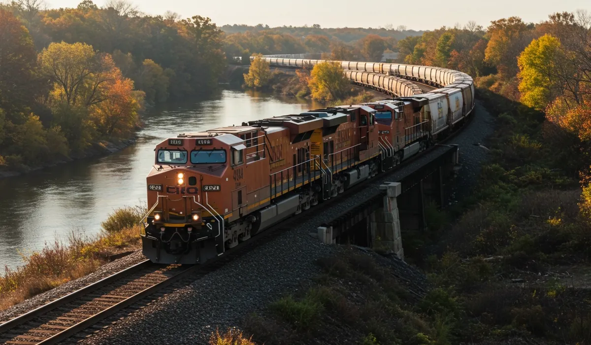 A long orange freight train travels along a railroad track near a river in Indiana The train extends into the distance with