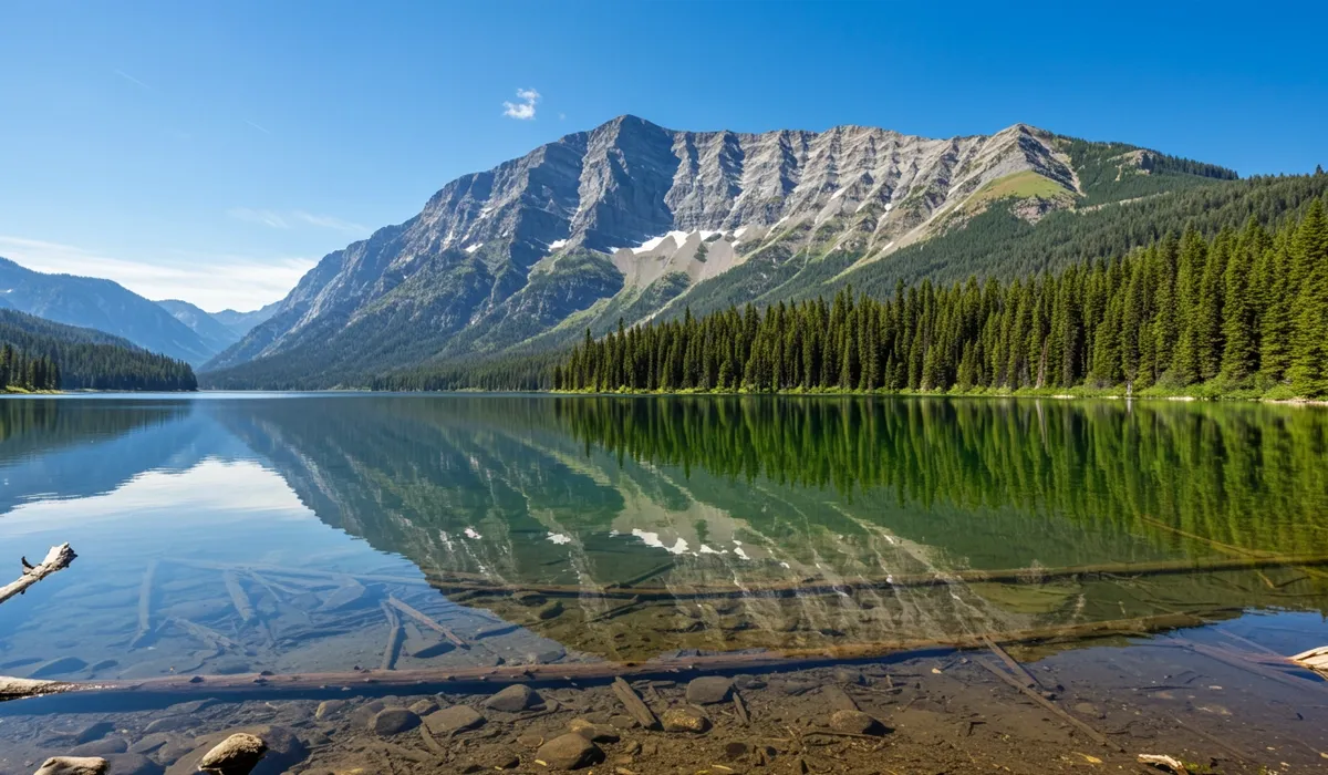 A serene mountain lake reflects towering evergreen trees and rugged peaks in this picturesque Idaho landscape reflecting in