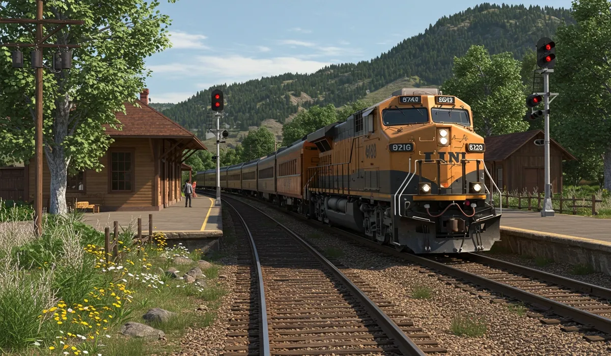 A freight train sits on a wooden platform beside a small station in Hauser Idaho A lush green hillside slopes behind the