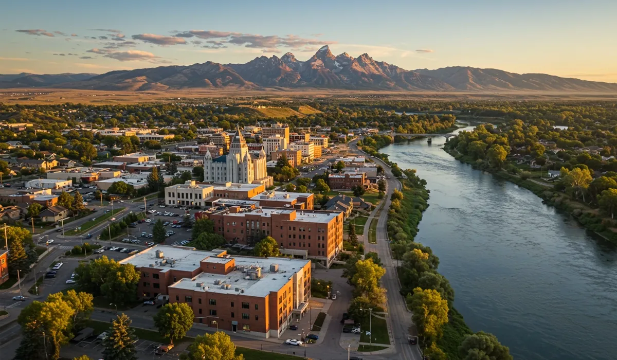 An aerial view showcases Idaho Falls riverfront with buildings lining the Snake River a vibrant waterway flows through the