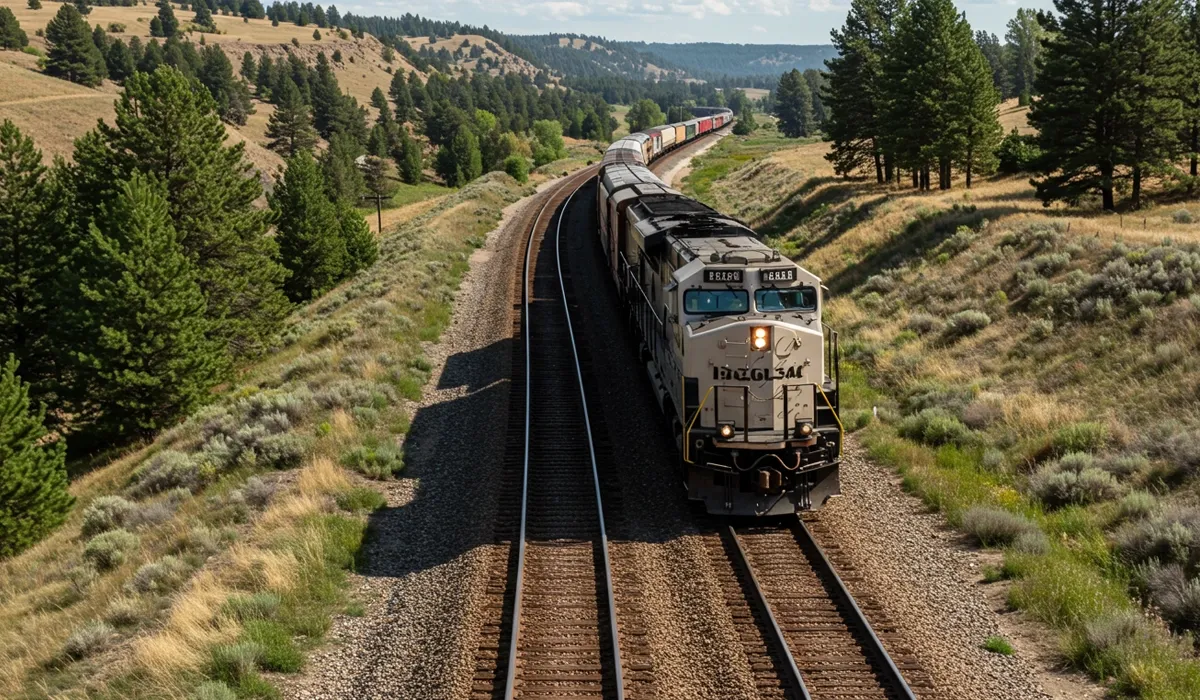 A long freight train stretches along a railroad track through a green forested landscape in Idaho