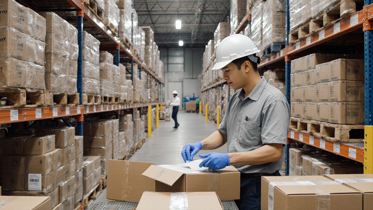 A worker in a warehouse unpacks a cardboard box wearing gloves and a white hardhat surrounded by stacked boxes