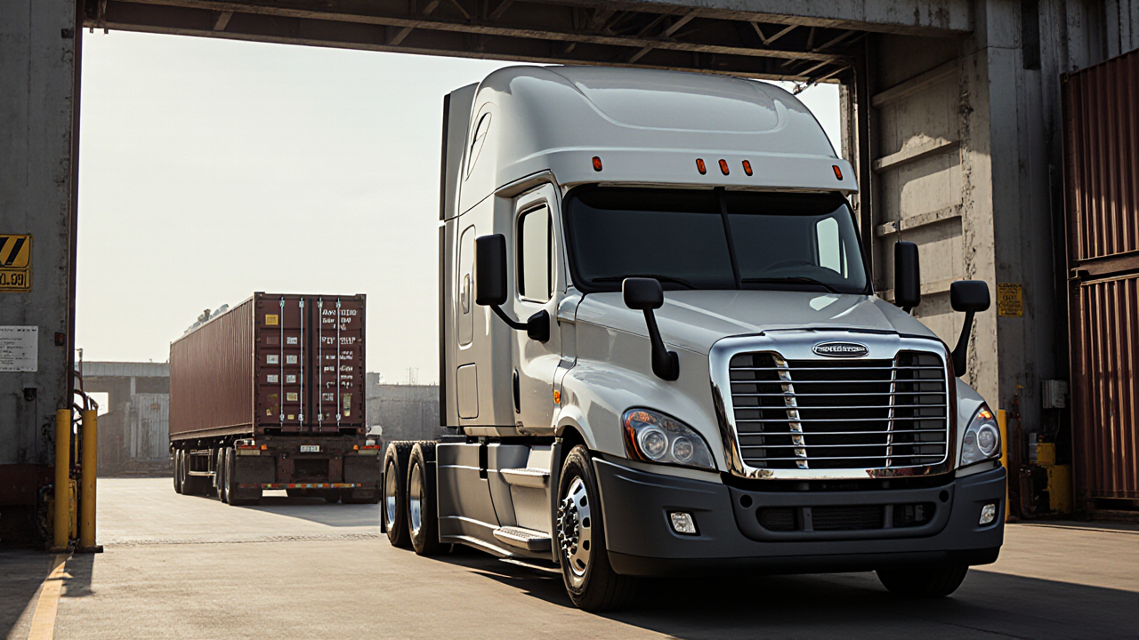 A modern white semi truck pulls a gray shipping container along a concrete port road with stacked containers visible in