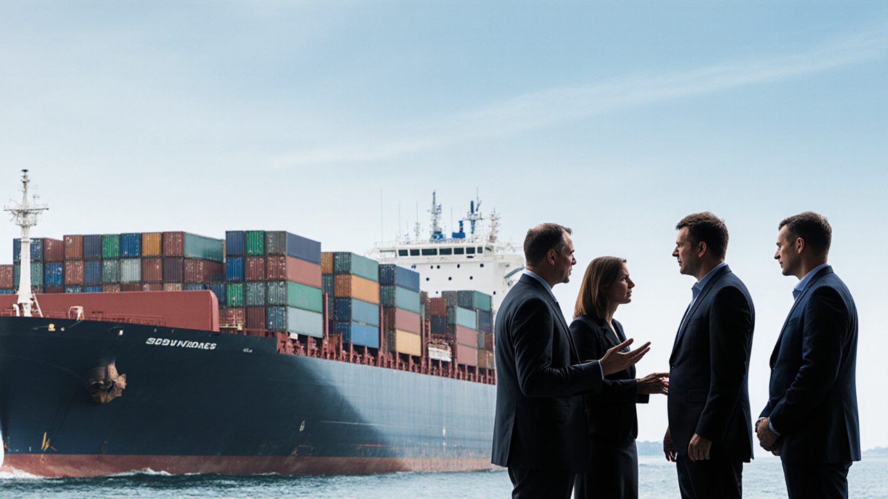 Three men in suits stand on a dock observing a large cargo ship against a cloudy sky
