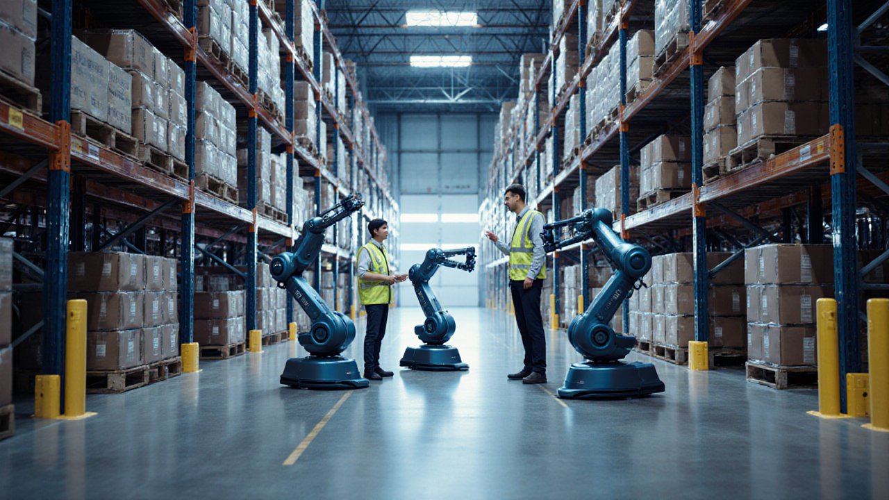Three robotic arms stand in a vast warehouse surrounded by towering stacks of cardboard boxes The scene is brightly lit