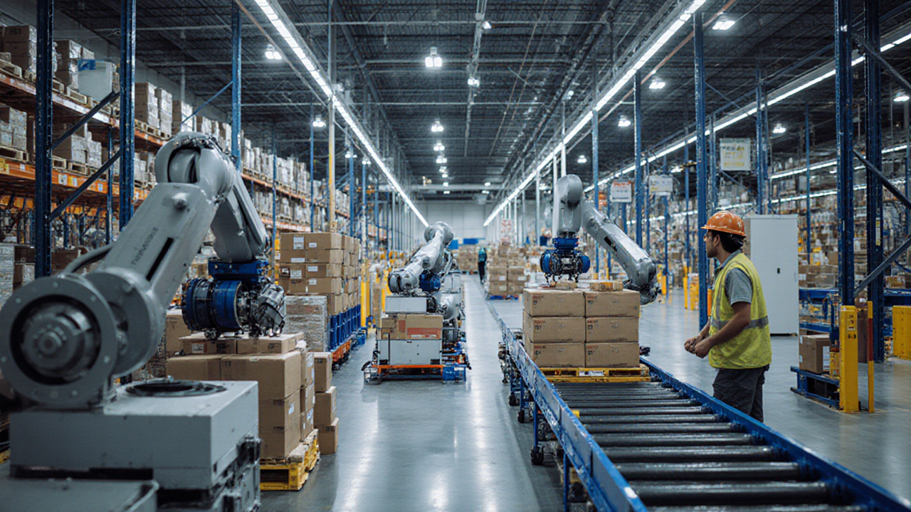 A worker in a yellow vest observes a large industrial warehouse filled with stacked boxes and a conveyor belt system