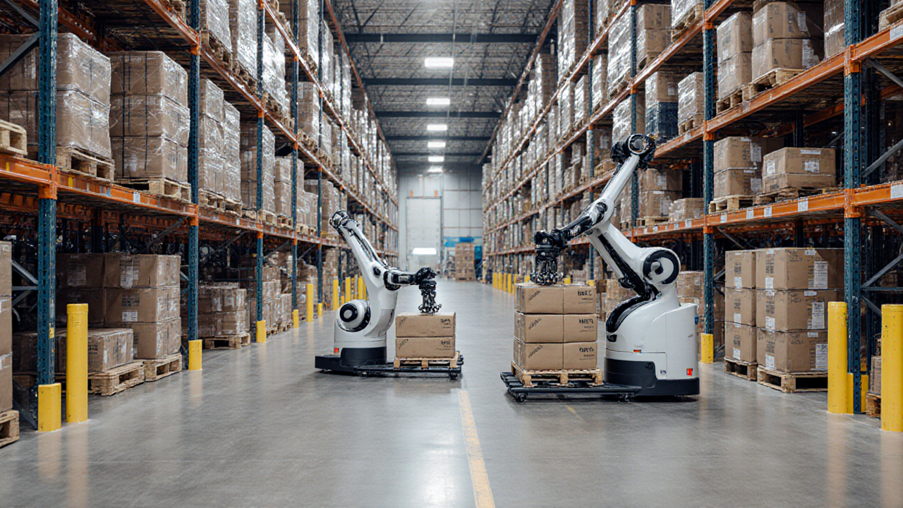 Two industrial robots stand among stacked cardboard boxes in a brightly lit warehouse The robots appear to be stationary and