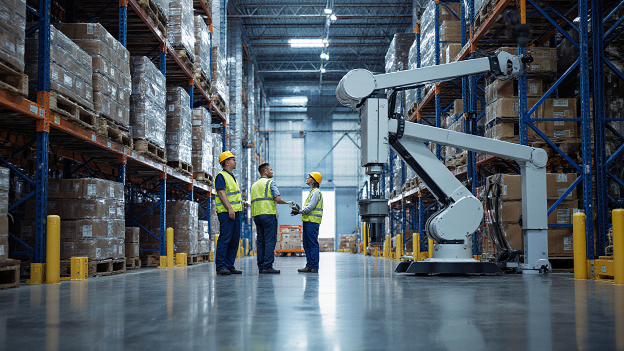 Two warehouse workers in highvisibility vests stand in a brightly lit aisle examining stacked boxes within a large storage