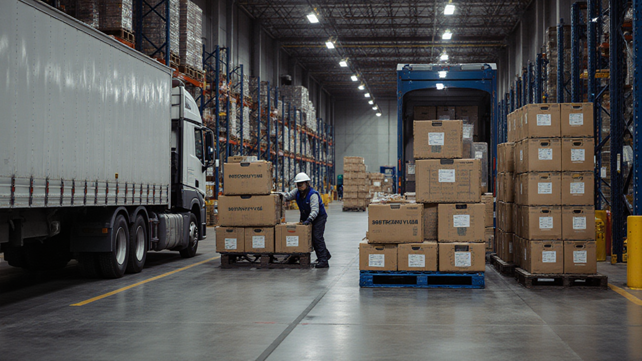A worker loads boxes onto a large moving truck inside a warehouse with numerous cardboard boxes stacked around