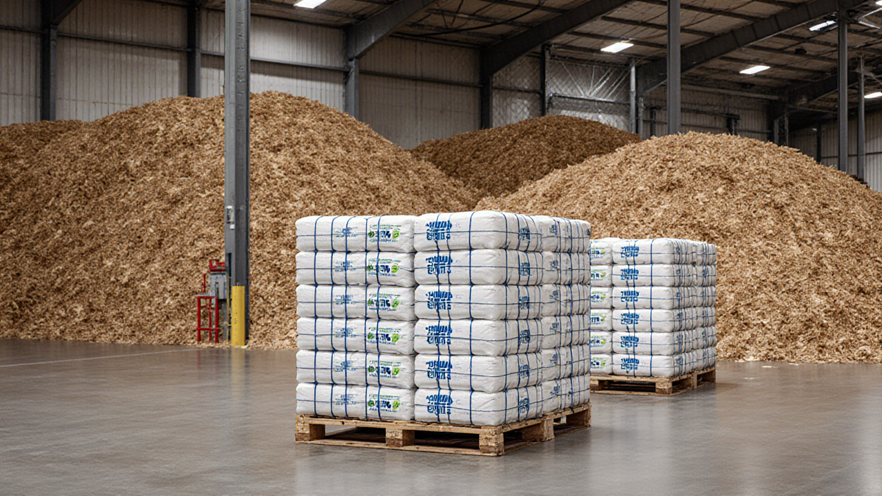 Several white pallets stacked with wood chips fill a large industrial warehouse setting
