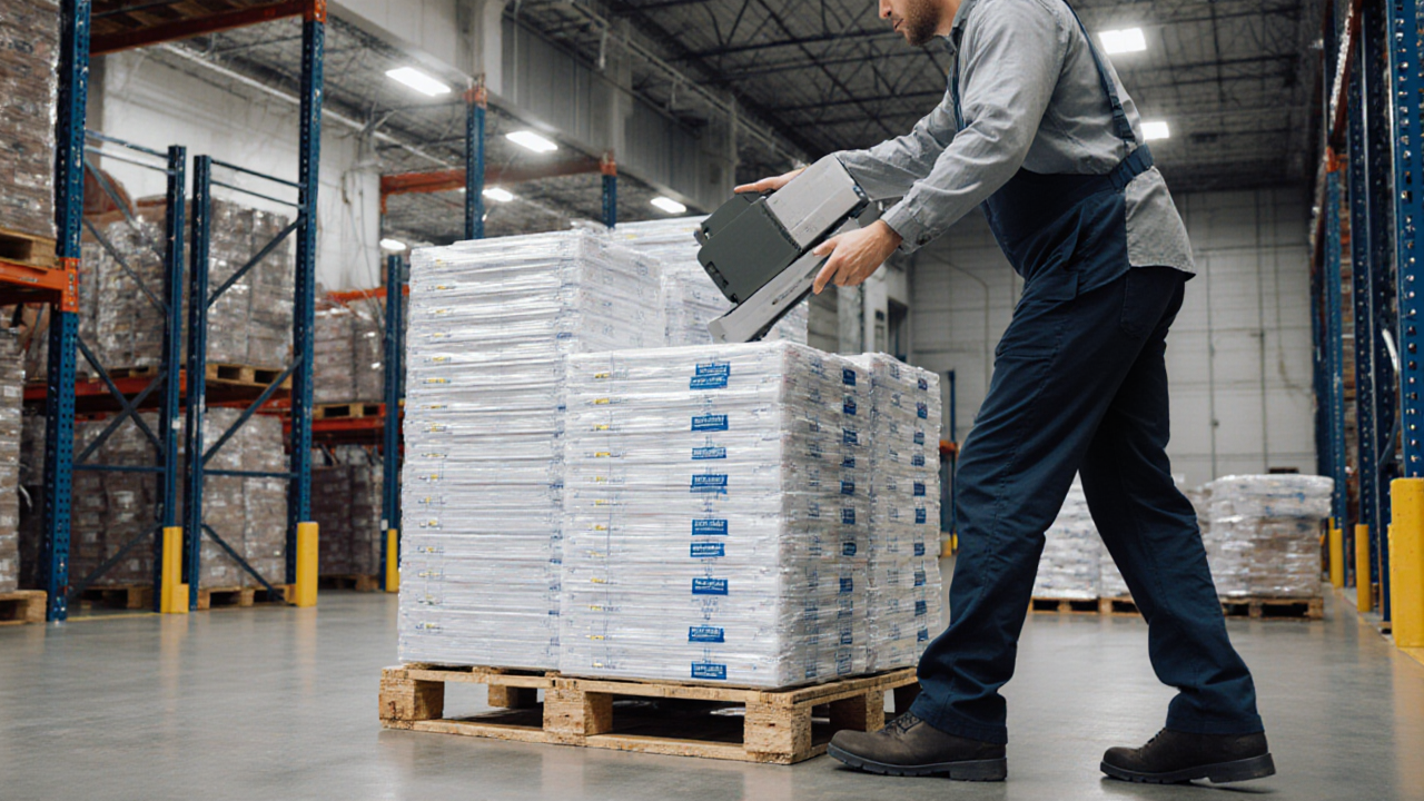 A man is stacking white boxes on a wooden pallet in a brightly lit warehouse setting