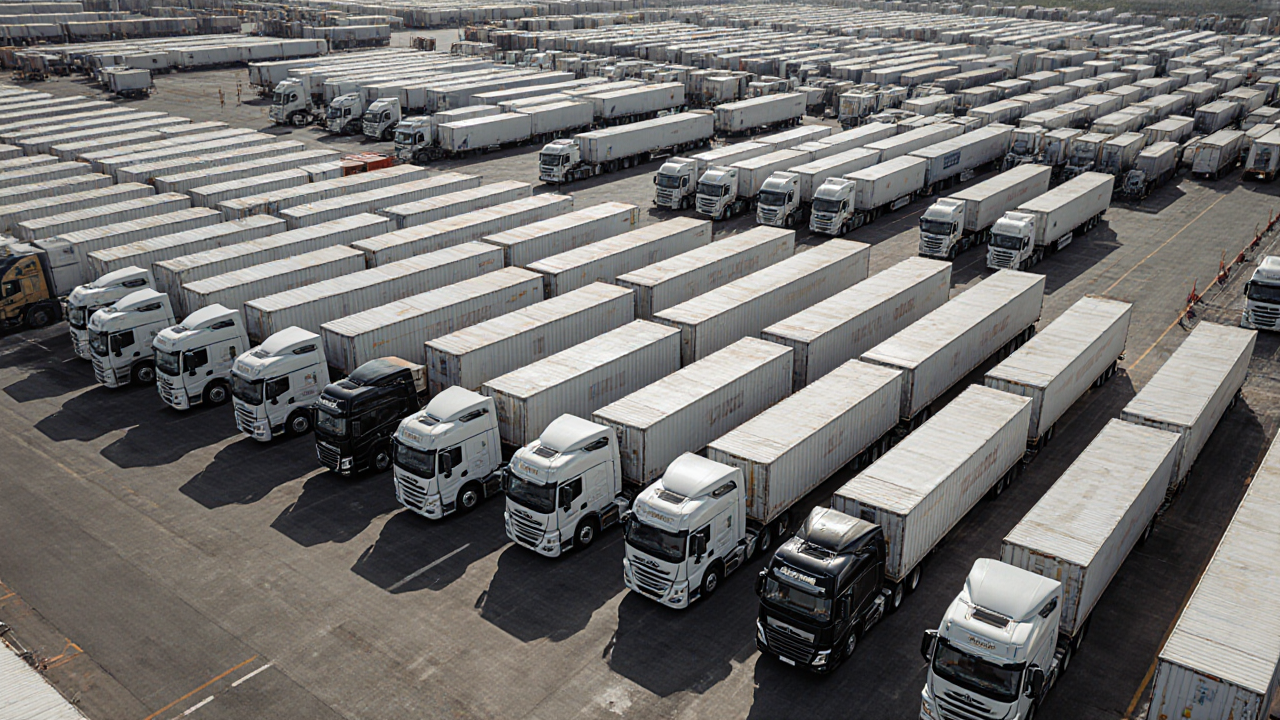 A large industrial area filled with numerous white trucks occupies a concrete expanse providing a dense array of transport