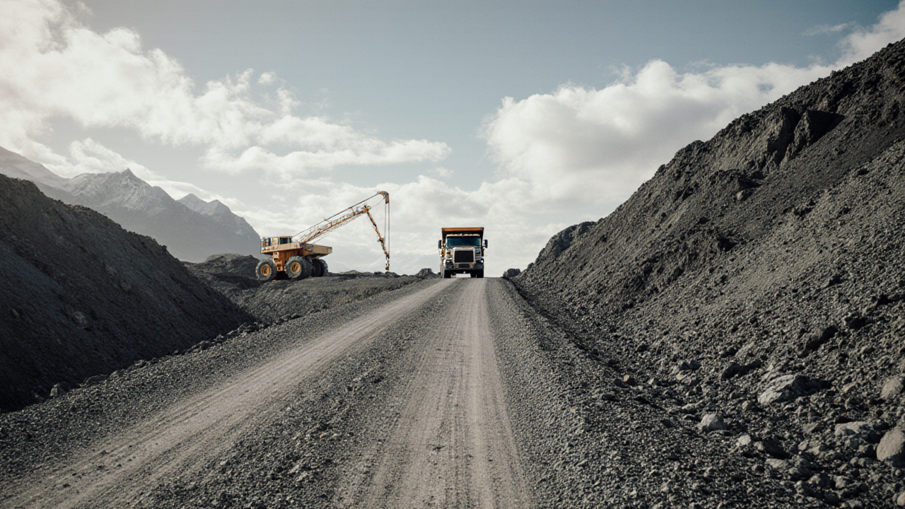 A large dump truck travels down a dirt road in a construction site with a gravel path and distant mountains