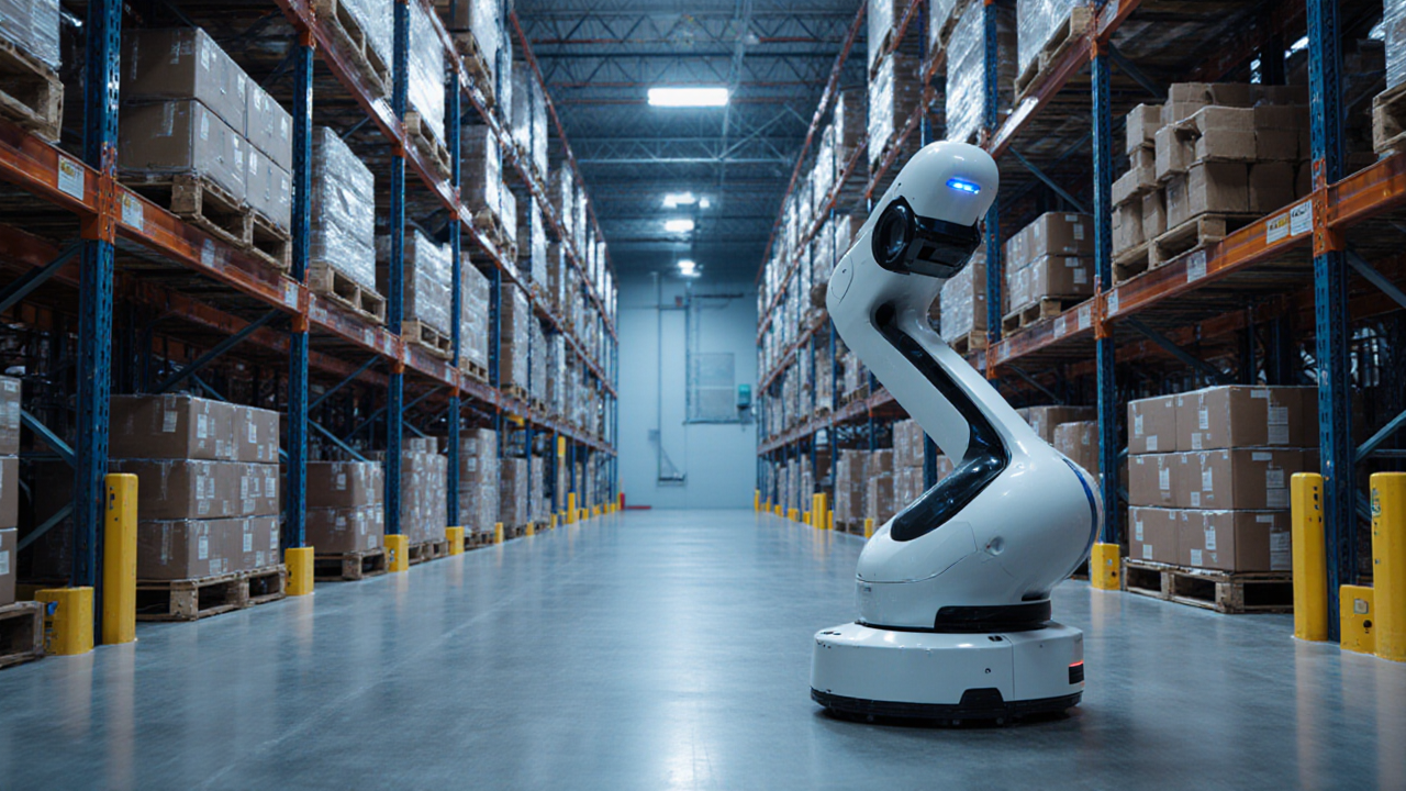 A white robot autonomously navigates a long warehouse filled with stacked cardboard boxes