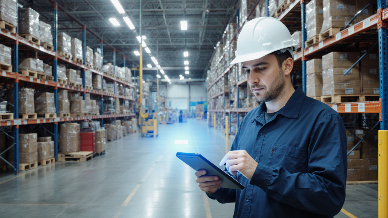 A man wearing a white hard hat is examining a tablet inside a brightly lit warehouse filled with numerous shelves of boxes