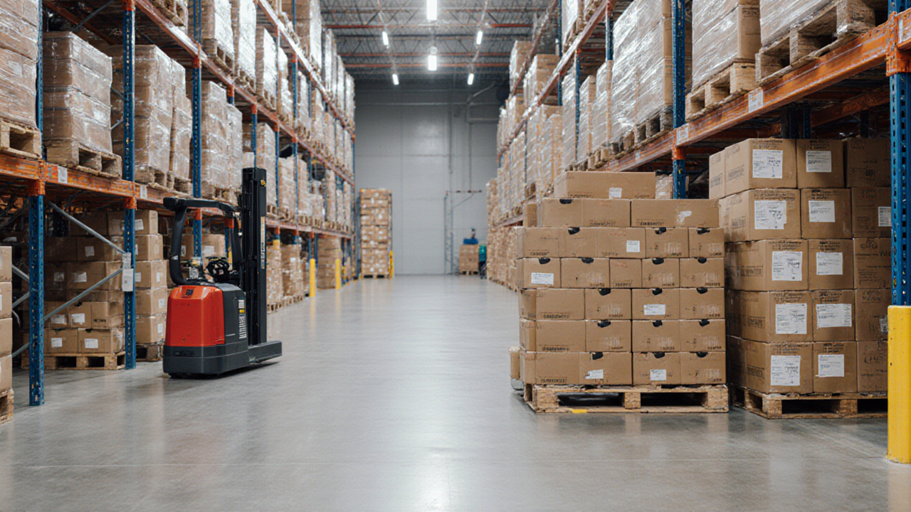 A red forklift stands in a vast warehouse filled with numerous cardboard boxes stacked high on pallets