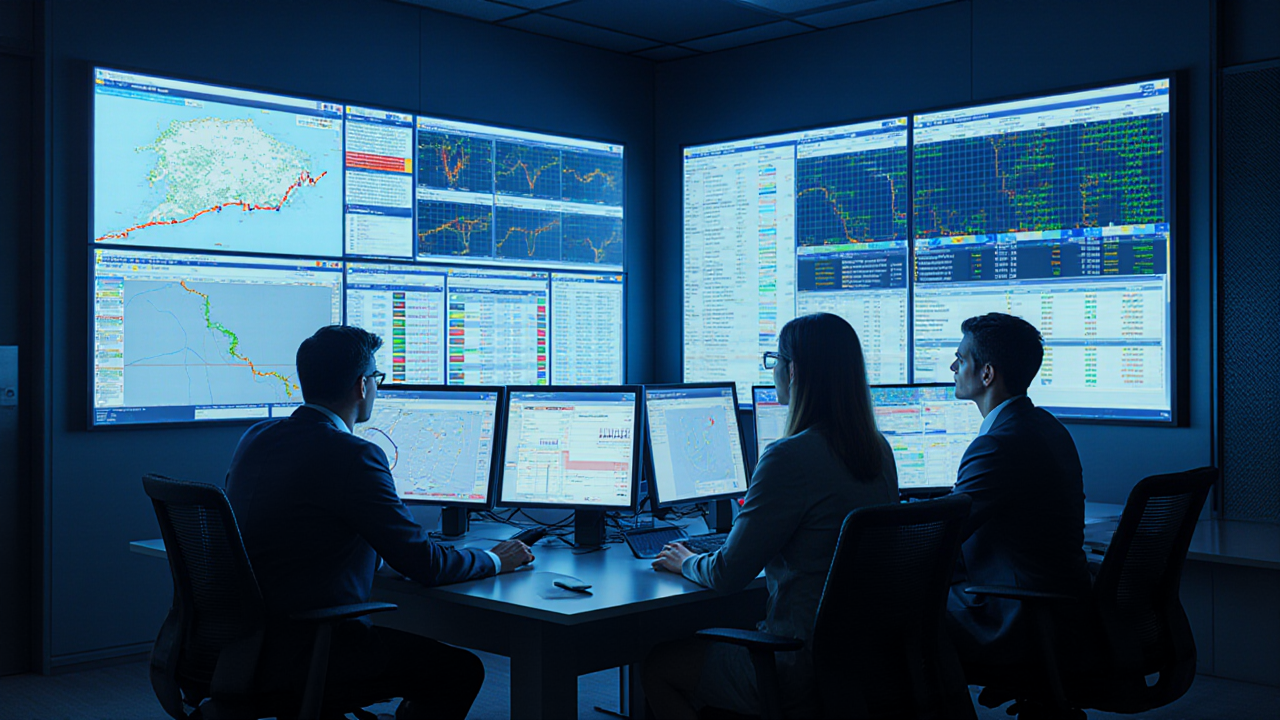 Three men intently monitor multiple computer screens displaying complex data charts likely analyzing financial information