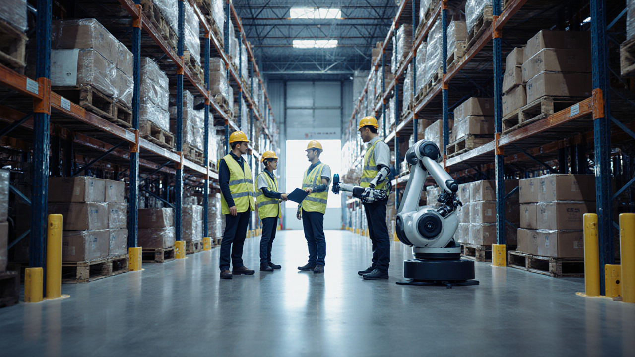 Four workers in yellow vests examine a robotic arm inside a large warehouse filled with stacked boxes