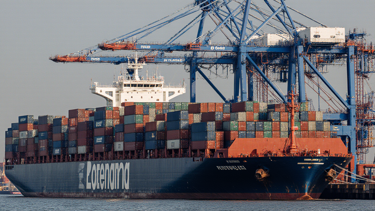 A large container ship dominates the frame with prominent orange cranes unloading cargo at a busy port