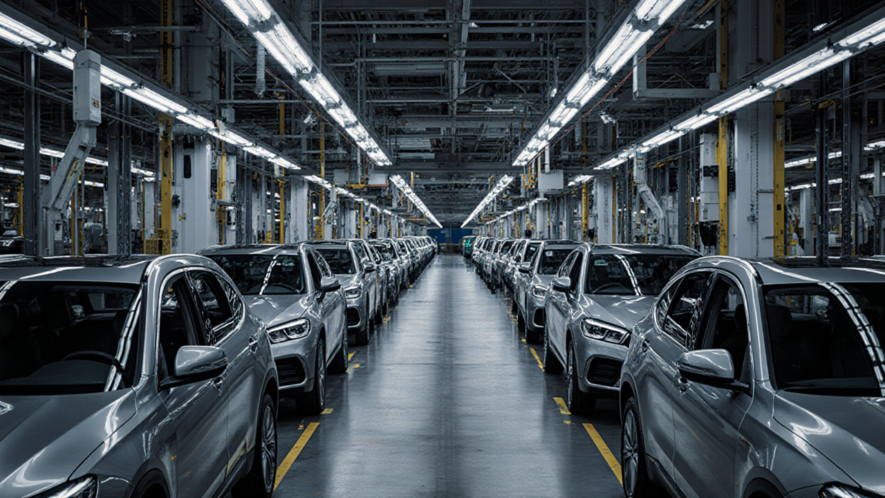 A long row of gray cars extends down a brightly lit industrial hall with yellow lines marking the floor