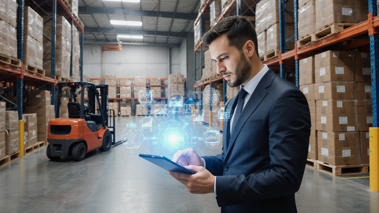 A suited businessman intently examines a tablet while surrounded by stacked cardboard boxes in a warehouse setting