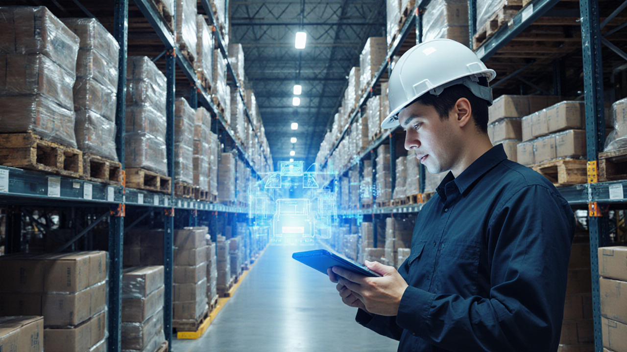 A man wearing a white hard hat examines a tablet while standing in a brightly lit warehouse filled with stacked pallets