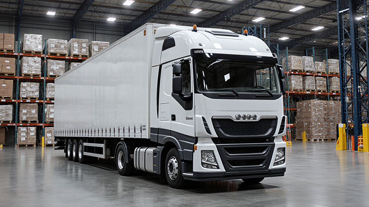 A white modern truck stands prominently in a large warehouse surrounded by stacked boxes
